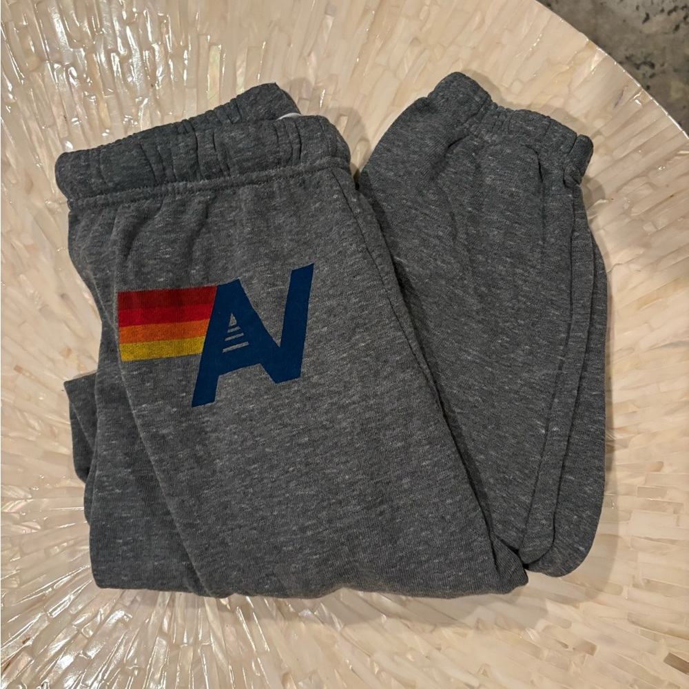 Aviator Nation Gray Sweatpants with Rainbow and Blue Logo